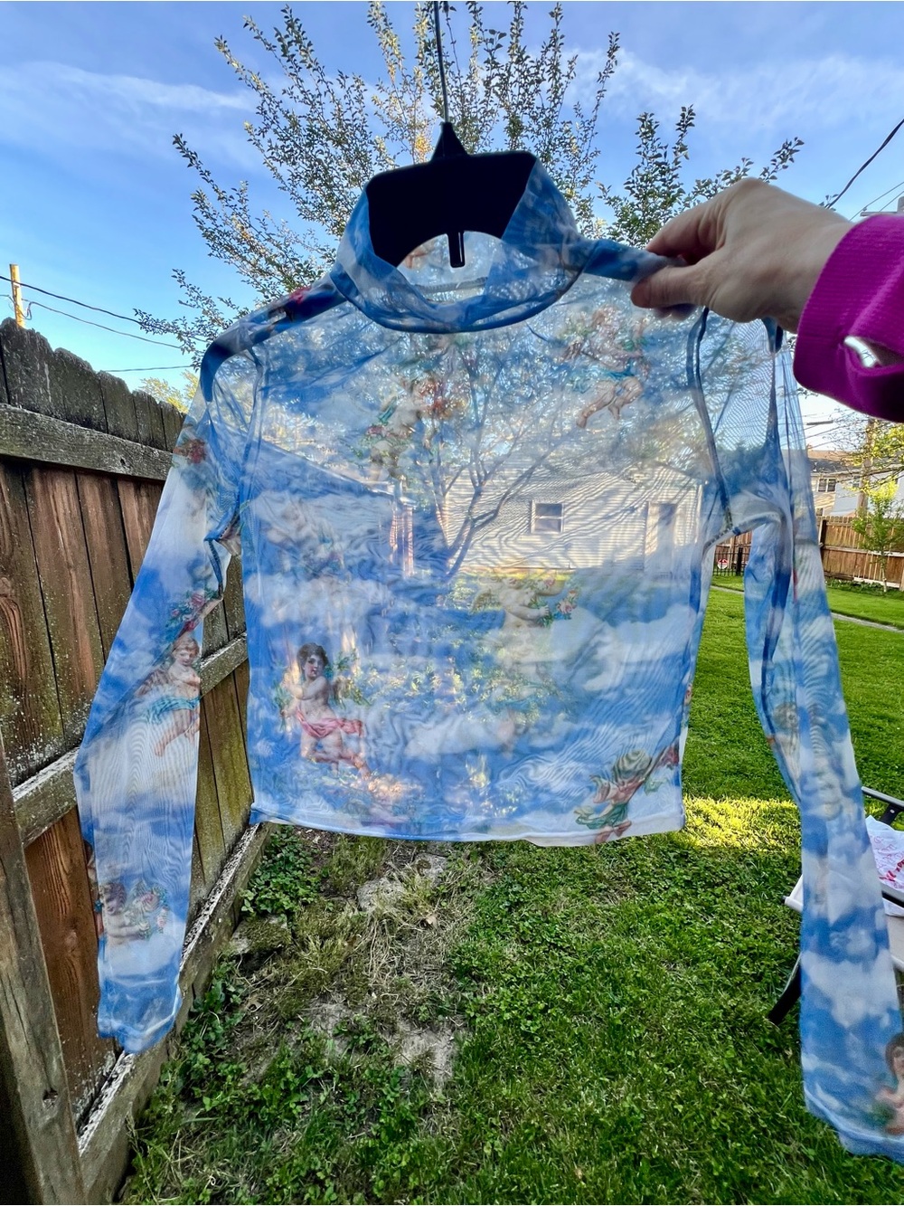 Y2k Angels Mesh Sheer Longsleeve Mockneck Top Cherubs Clouds Dreamy XS/S Crop